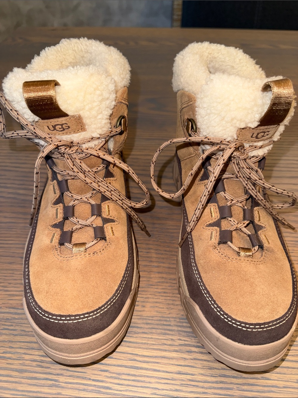UGG Women’s Tan and Brown Shearling-Trim Lace-Up Boots